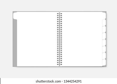 Open blank spiral notebook with tab dividers, vector mockup. Wire bound diary with white pages, template.