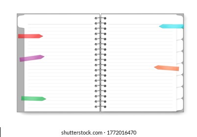 Open blank spiral tabbed notebook with transparent colored sticky bookmarks isolated on white background, vector illustration.