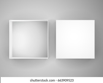 open blank white paper box with separate lid 3d illustration, can be used as design element, isolated gray background, top view