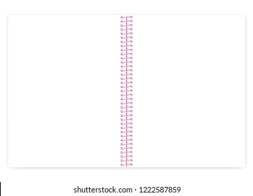 Open blank wire bound notebook with pink spiral, vector mock up. Empty letter format notepad spread isolated on white, template