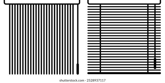 Open blinds for window shutters. Horizontal, vertical, jalousie roller concept. window curtain shutter roll. House, blinds open for windows. Open and closed window. Sun, jalousie shade for home. 