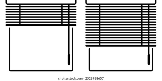 Abrir persianas para persianas. Horizontal, conceito de rolo de jalousie. janela cortina rolo do obturador. Casa, persianas abertas para janelas. Janela aberta e fechada. Sun, jalousie shade para casa. Ferramentas interiores.