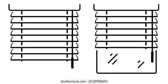 Abrir persianas para persianas. Horizontal, conceito de rolo de jalousie. janela cortina rolo do obturador. Casa, persianas abertas para janelas. Janela aberta e fechada. Sun, jalousie shade para casa. Ferramentas interiores.