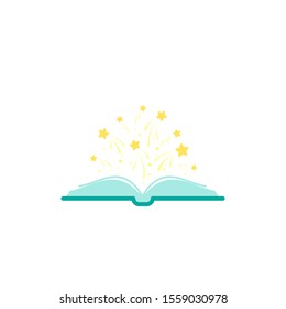 Open blue book with gold stars flying out. Isolated on white background. Flat icon. Vector illustration. Magic reading logo. Fairytale pictogram. Knowledge power sign. Kids book.