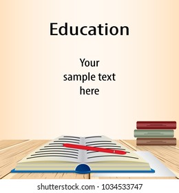 Open blue book of knowledge and a stack of multi-colored closed books lie on a wooden table.A piece of blank paper and a red pen. On the wall is a space for text.Education concept.Vector illustration