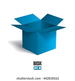 Open blue box isolated on white background. Vector illustration.