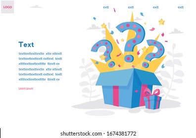 Open blue box with question signs and confetti explosion inside. Vector illustration for web banner, infographics, mobile Winning gifts lottery. loyalty program.   