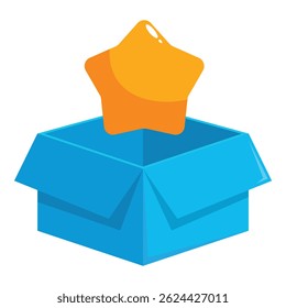 Open blue cardboard box with a yellow star floating above it, representing a surprise gift or a job well done