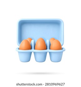 Open blue carton box filled with fresh brown chicken eggs. Minimalist 3d illustration of organic food package. Egg farm product for healthy breakfast lifestyle and culinary ingredient.