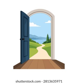 An open blue door reveals a scenic landscape with a winding path leading toward hills and a body of water under a blue sky with soft white clouds.