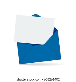 Open blue envelope with blank white letter. Template for invitation congratulation design. Isolated vector illustration