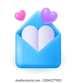 Open blue envelope with comic hearts 3D illustration. Cartoon drawing of letter with pink, purple hearts in 3D style on white background. Love, romance, Valentine day, communication concept