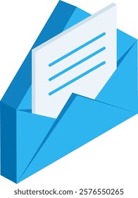 Open blue envelope containing a letter with some writing on it, rendered in isometric projection, representing communication, messaging and mailing