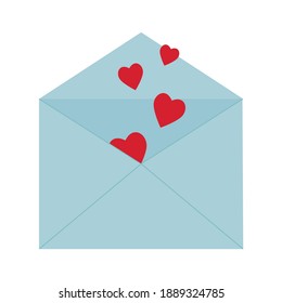 Open blue envelope with flying hearts, color vector illustration for wedding and Valentine's Day, icon, decor, design, scrapbooking