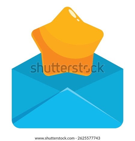 Open blue envelope with a gold star appearing from inside, concept for important messages