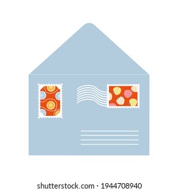 An open blue envelope. Icon of a hand-drawn cute envelope with stylish colorful stamps. Template for the design of invitations, greetings, for websites and printing. Isolated vector illustration.