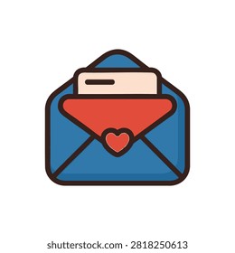 Open blue envelope icon with a red heart seal and a card inside on a white background.