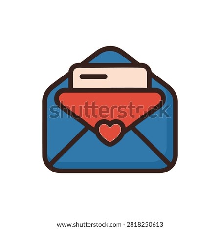 Open blue envelope icon with a red heart seal and a card inside on a white background.