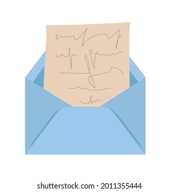 Open blue envelope with a letter inside written by hand. Vector illustration.
