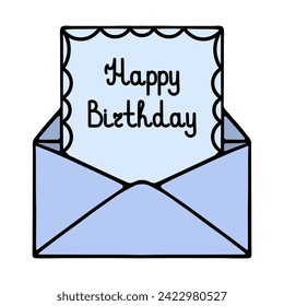 Open blue envelope with a letter. From the message you can see a blue leaf decorated with a wavy edge with a birthday greeting. Color vector illustration. Cartoon style. Lettering. 