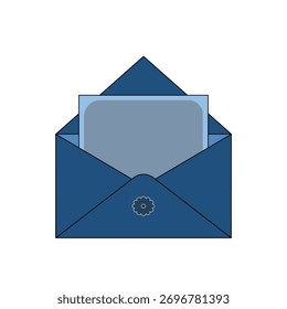 Abra el sobre azul con una tarjeta azul claro en el interior. Ilustración simple y limpia. Comunicación, mensaje, invitación, concepto de carta. Diseño minimalista, aislado en blanco.