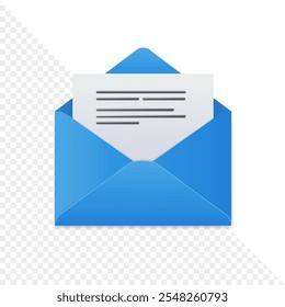 Open blue envelope with white paper inside isolated on white background. Vector EPS 10