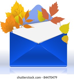 open blue envelope with white sheets and autumn foliage