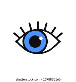 Open blue eye line icon on white background. Look, see, sight, view sign and symbol. Vector linear graphic element. Optical and search theme in minimal design style. Eye with eyelashes.