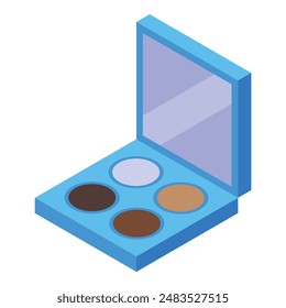 Open blue eyeshadow palette with mirror showing four different colors on white background