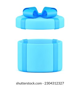 Open blue gift box with bow and ribbon cylinder wrapped surprise container 3d object realistic vector illustration. Present cylinder pack festive holiday happy birthday celebration decor design