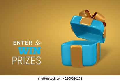 Open blue Gift Box and Confetti on yellow background. Enter to Win Prizes. Vector Illustration.