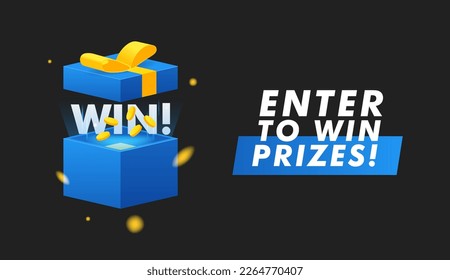 Open blue Gift Box, Confetti Lights and Golden coins on black background. Enter to Win Prizes. Vector Illustration.