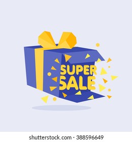 Open Blue Gift Box and Confetti. Sale Background. Vector Illustration.