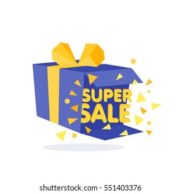 Open Blue Gift Box and Confetti. Sale Background. Vector Illustration.