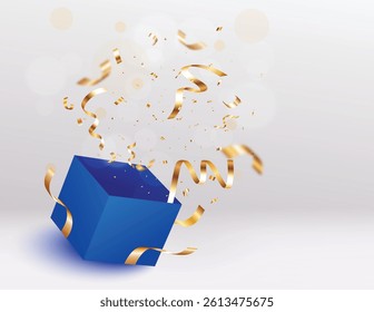Open Blue Gift Box With Falling gold Confetti. Present box for birthday, Christmas and New Years celebrations design element