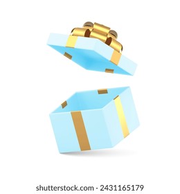 Caja de regalo azul abierta con tapa voladora y lazo de lazo de oro de lujo paquete vacío icono 3d vector realista