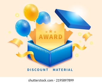 Open blue gift box for prize golden coupon, sale template full of balloons and celebration