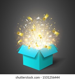 Open blue gift box with rays of lights and confetti. Vector template greeting card for anniversary, holiday or birthday.