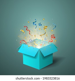 Open blue gift box with rays of lights and confetti. Vector template greeting card for anniversary, holiday or birthday.