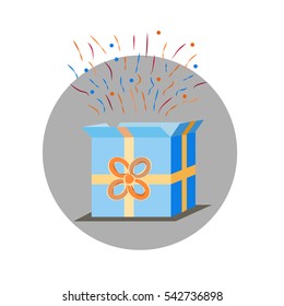Open blue gift box with ribbon and confetti flying. Vector illustration. Gift box open and with an orange ribbon and bow vector illustration. Fireworks sparkling and colorful confetti.