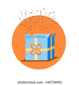 Open blue gift box with ribbon and confetti flying. Vector illustration. Gift box open and with an orange ribbon and bow vector illustration. Fireworks sparkling and colorful confetti.