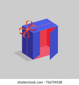 The open blue gift box with ribbon and bow. The concept of a holiday. Vector illustration.