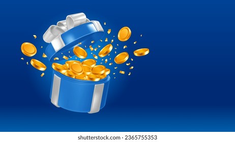 Caja de regalo azul abierta con arco de plata y explosión de monedas de oro. El concepto de gran victoria. Ilustración del vector