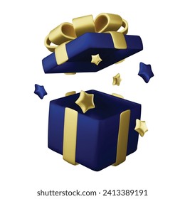 Abrir la caja de regalo azul con estrella. Ingresa a ganar premios. Ilustración vectorial.