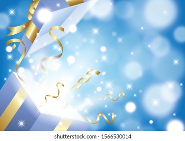 Open blue gift box.Presents explosion with shining light and bokeh on blue background.