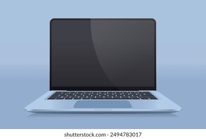 Open blue laptop on a blue background with empty screen. Preparation for advertising and discounts vector template