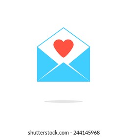 open blue letter with red heart. isolated on white background. concept of valentine day, billet-doux, school love, PenPal and romantic penpals. flat style trendy modern logo design vector illustration