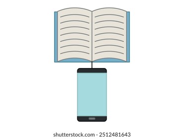 Livro de bolso azul aberto conectado a um smartphone que representa a educação on-line