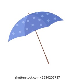 Open blue polka dot umbrella with handle, female fashion accessory vector illustration