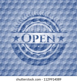 Open blue polygonal badge.